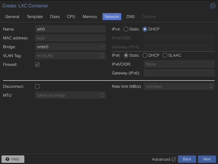 Vytvoření kontejneru - Network