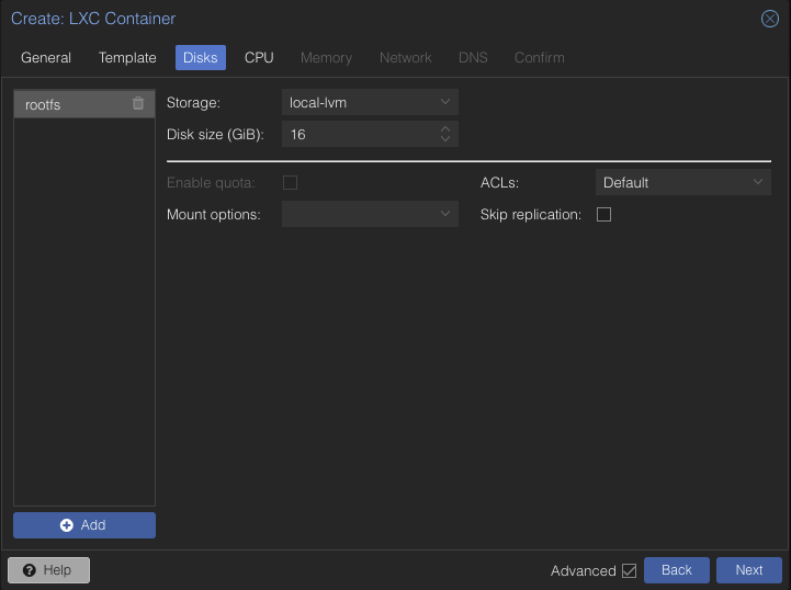 Vytvoření kontejneru - Disks