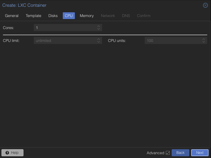 Vytvoření kontejneru - CPU